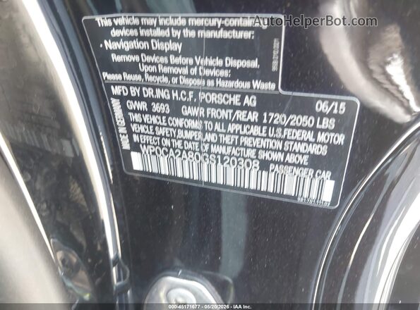 WP0CA2A80GS120308 2016 PORSCHE BOXSTER Black Vista del compartimento del motor