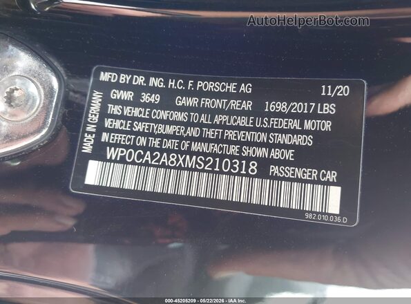WP0CA2A8XMS210318 2021 PORSCHE 718 BOXSTER Black Շարժիչի բաժամունքի տեսք