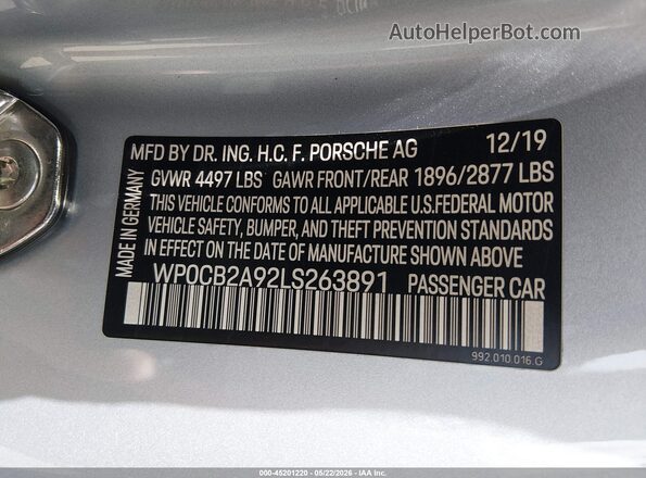 WP0CB2A92LS263891 2020 PORSCHE 911 Silver ძრავის განყოფილების ხედი