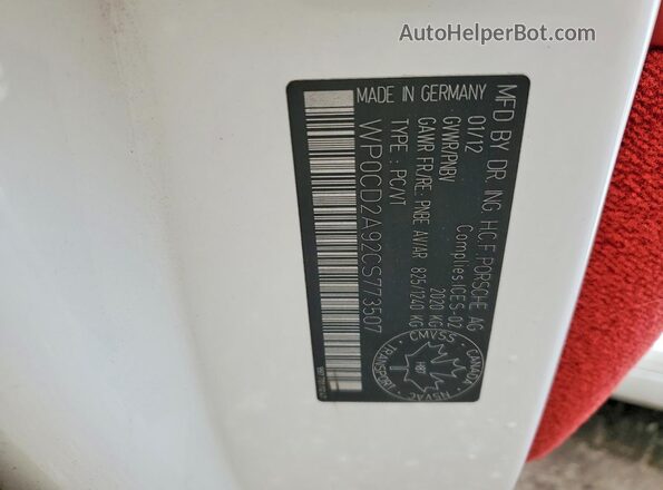 WP0CD2A92CS773507 2012 PORSCHE 911 Белый Вид наклейки с VIN-кодом