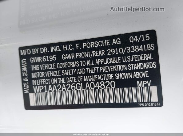 WP1AA2A26GLA04820 2016 PORSCHE CAYENNE White Շարժիչի բաժամունքի տեսք