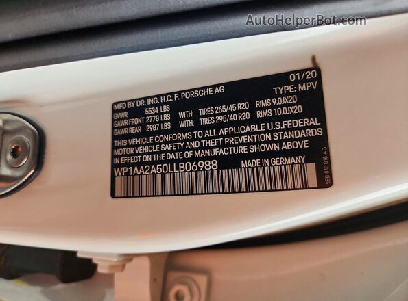 WP1AA2A50LLB06988 2020 PORSCHE MACAN Белый Вид наклейки с VIN-кодом