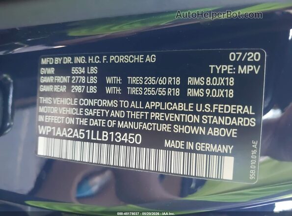 WP1AA2A51LLB13450 2020 PORSCHE MACAN Синий Вид подкапотного пространства
