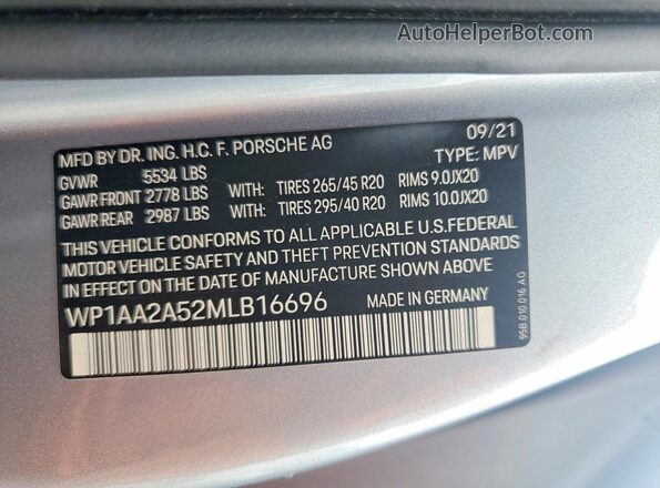 WP1AA2A52MLB16696 2021 PORSCHE MACAN Серебряный 