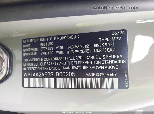 WP1AA2A52SLB00205 2025 PORSCHE MACAN Gray Вид підкапотного простору