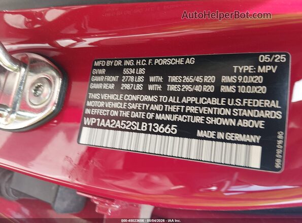 WP1AA2A52SLB13665 2025 PORSCHE MACAN Red Вид підкапотного простору