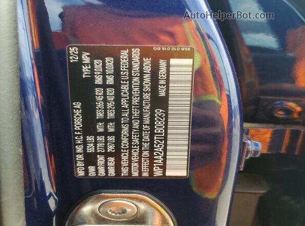 WP1AA2A52TLB08239 2026 PORSCHE MACAN Blue VIN კოდის სტიკერის ხედი