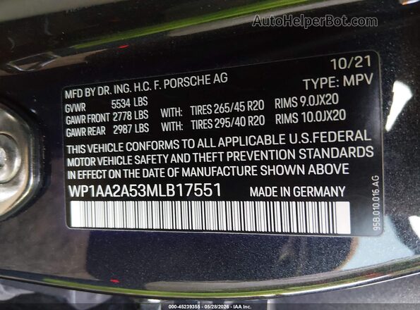 WP1AA2A53MLB17551 2021 PORSCHE MACAN Черный Вид подкапотного пространства