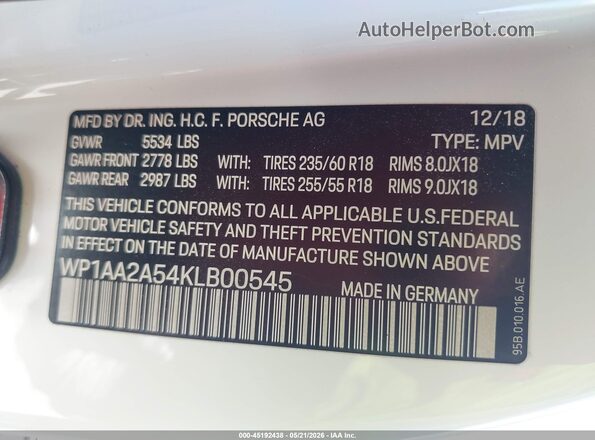 WP1AA2A54KLB00545 2019 PORSCHE MACAN White 