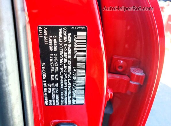 WP1AA2A54LLB04161 2020 PORSCHE MACAN Red Vista de la etiqueta del VIN