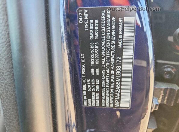 WP1AA2A55MLB08172 2021 PORSCHE MACAN Blue VIN sticker view