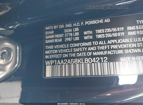 WP1AA2A58KLB04212 2019 PORSCHE MACAN Blue 