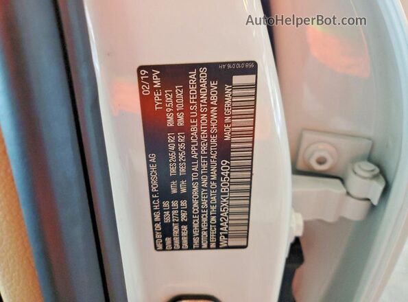 WP1AA2A5XKLB05409 2019 PORSCHE MACAN White Вид наклейки з VIN-кодом
