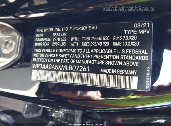 WP1AA2A5XMLB07261 2021 PORSCHE MACAN Black 
