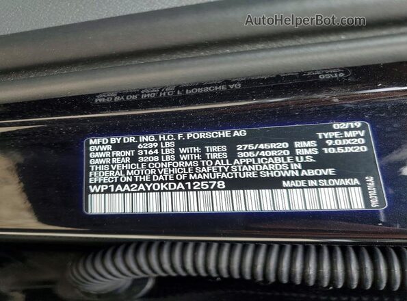 WP1AA2AY0KDA12578 2019 PORSCHE CAYENNE Черный Вид наклейки с VIN-кодом