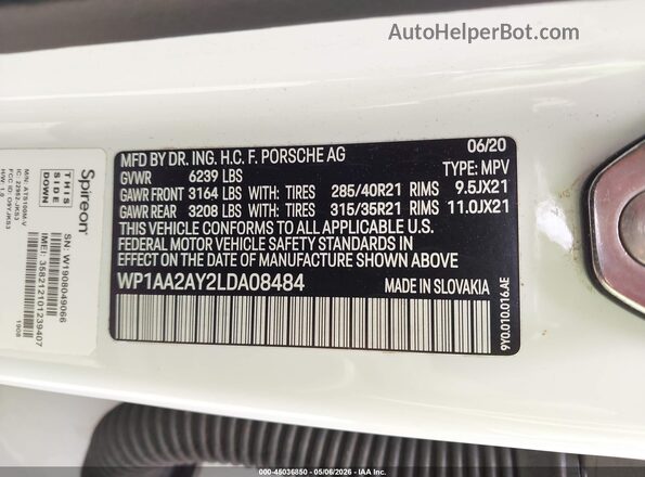 WP1AA2AY2LDA08484 2020 PORSCHE CAYENNE White ძრავის განყოფილების ხედი