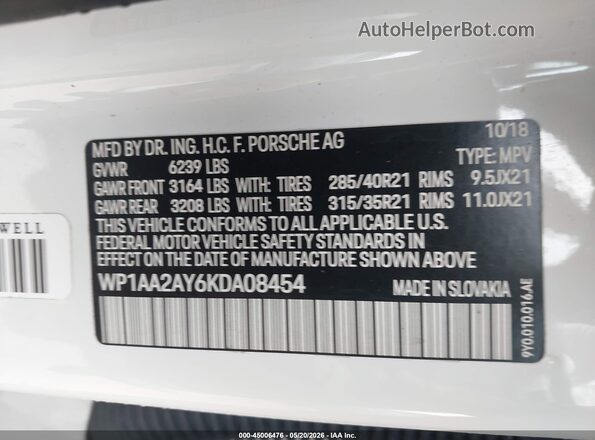 WP1AA2AY6KDA08454 2019 PORSCHE CAYENNE White Engine compartment view
