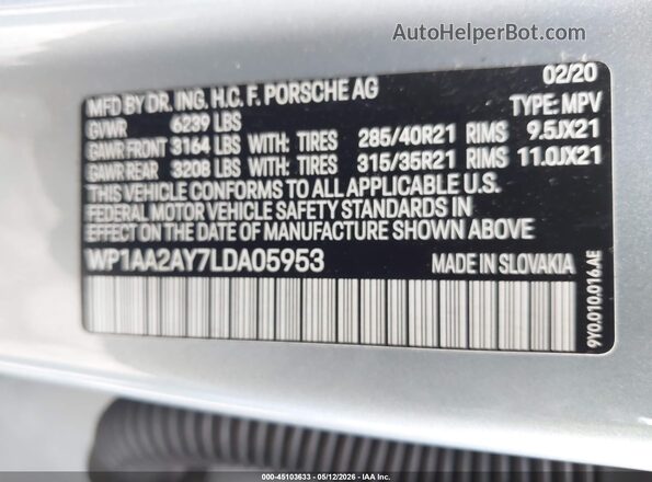 WP1AA2AY7LDA05953 2020 PORSCHE CAYENNE Silver Vista del compartimento del motor