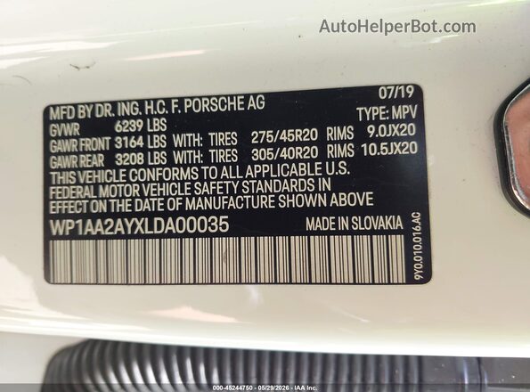 WP1AA2AYXLDA00035 2020 PORSCHE CAYENNE White Вид підкапотного простору