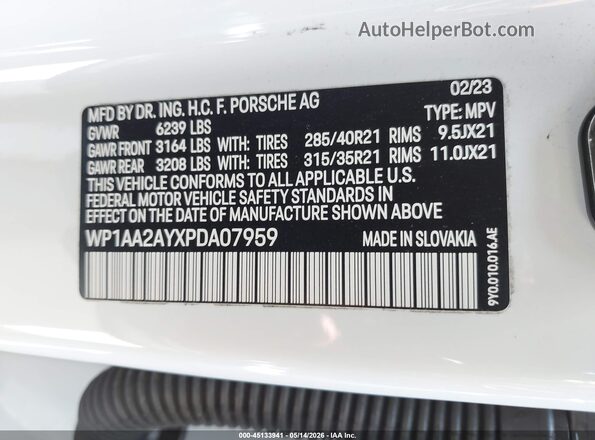 WP1AA2AYXPDA07959 2023 PORSCHE CAYENNE White Вид підкапотного простору