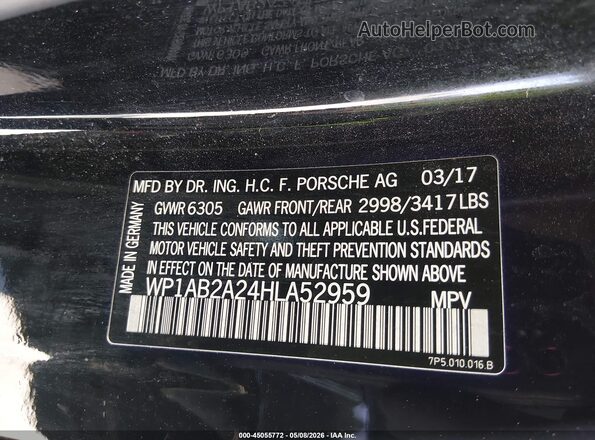 WP1AB2A24HLA52959 2017 PORSCHE CAYENNE Black Vista del compartimento del motor