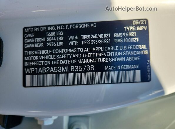 WP1AB2A53MLB35738 2021 PORSCHE MACAN White Вид наклейки з VIN-кодом