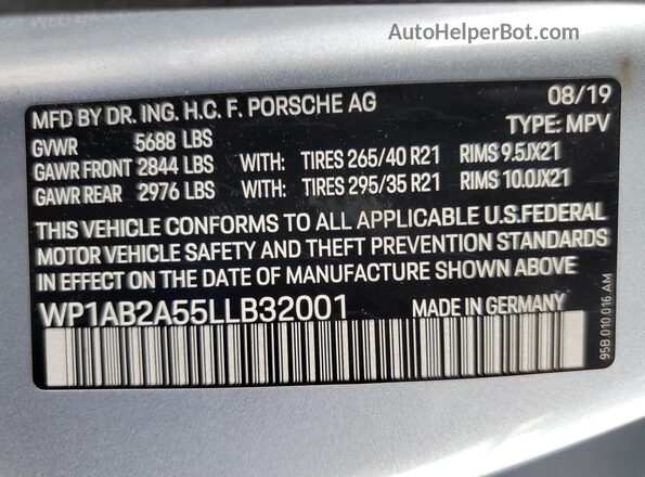 WP1AB2A55LLB32001 2020 PORSCHE MACAN Серебряный Панорамный вид салона 360°