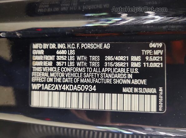 WP1AE2AY4KDA50934 2019 PORSCHE CAYENNE Black Widok naklejki z numerem VIN