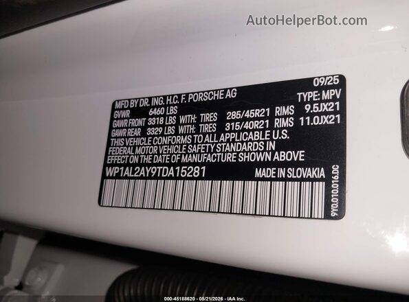 WP1AL2AY9TDA15281 2026 PORSCHE CAYENNE White ძრავის განყოფილების ხედი