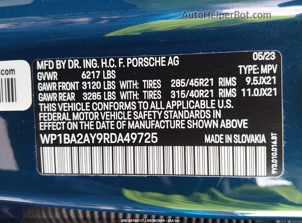 WP1BA2AY9RDA49725 2024 PORSCHE CAYENNE Blue ძრავის განყოფილების ხედი
