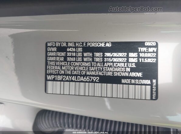 WP1BF2AY4LDA65792 2020 PORSCHE CAYENNE Gray 