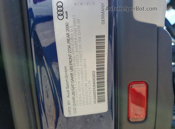 WUAAWCF53MA902832 2021 AUDI RS5 Blue Вид наклейки з VIN-кодом