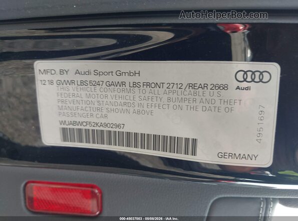 WUABWCF52KA902967 2019 AUDI RS5 Black Вид підкапотного простору