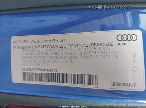 WUABWCF55KA904373 2019 AUDI RS5 Blue Widok komory silnika