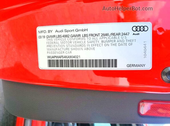 WUAPWAF54KA904021 2019 AUDI RS5 Красный 