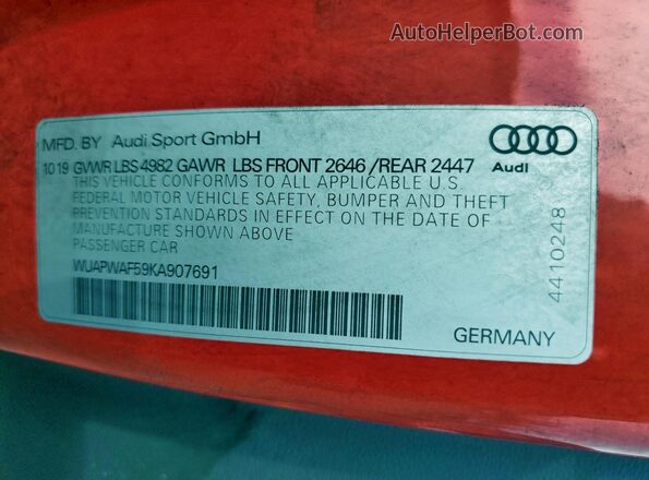 WUAPWAF59KA907691 2019 AUDI RS5 Red ძრავის განყოფილების ხედი