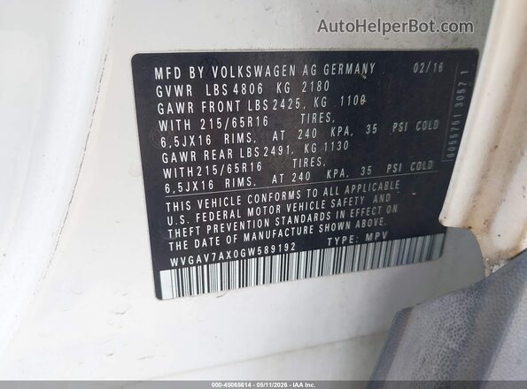 WVGAV7AX0GW589192 2016 VOLKSWAGEN TIGUAN White Вид підкапотного простору
