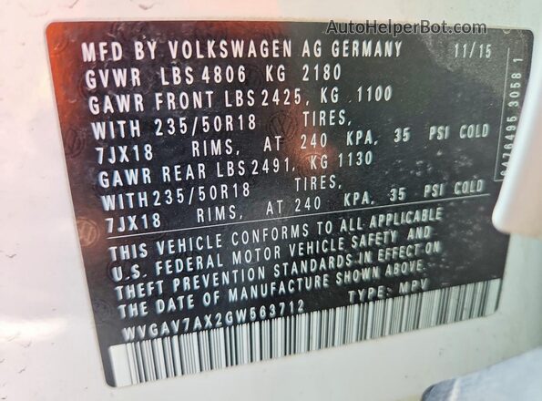 WVGAV7AX2GW563712 2016 VOLKSWAGEN TIGUAN Белый Вид наклейки с VIN-кодом