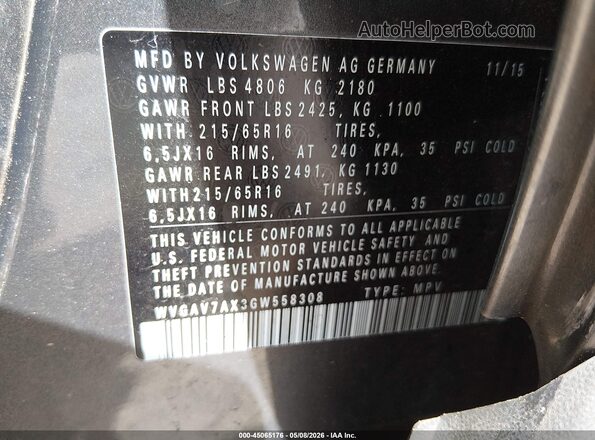 WVGAV7AX3GW558308 2016 VOLKSWAGEN TIGUAN Серый Вид подкапотного пространства
