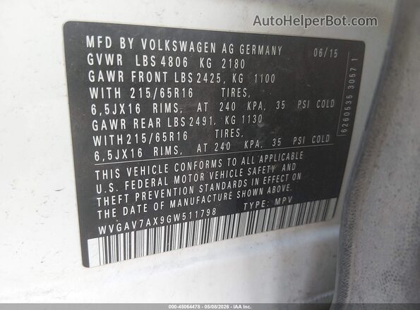 WVGAV7AX9GW511798 2016 VOLKSWAGEN TIGUAN White ძრავის განყოფილების ხედი