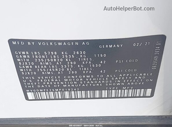 WVGDMPE25MP019242 2021 VOLKSWAGEN ID.4 White Engine compartment view