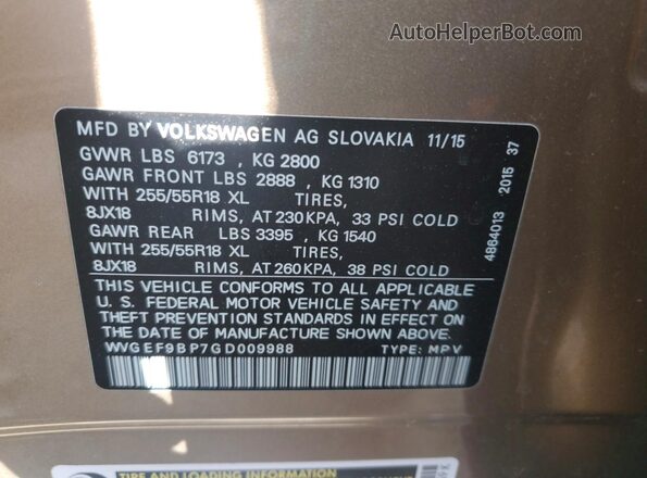 WVGEF9BP7GD009988 2016 VOLKSWAGEN TOUAREG Gold 