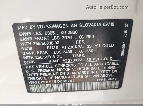 WVGEP9BP1GD005707 2016 VOLKSWAGEN TOUAREG White 