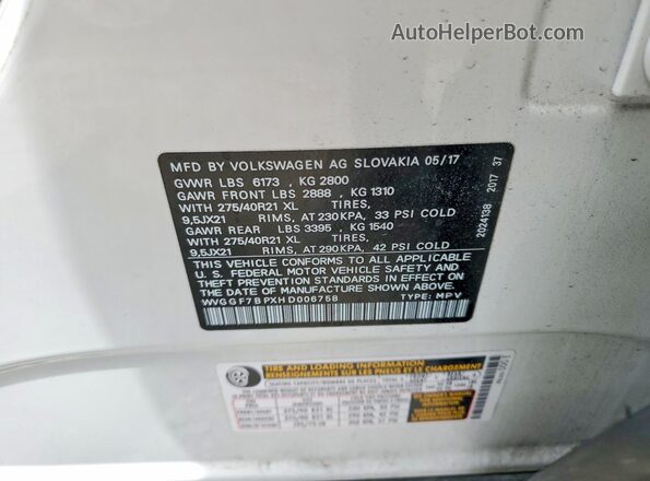 WVGGF7BPXHD006758 2017 VOLKSWAGEN TOUAREG White Вид наклейки з VIN-кодом