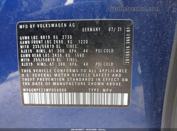 WVGGNPE22MP056906 2021 VOLKSWAGEN ID.4 Blue 
