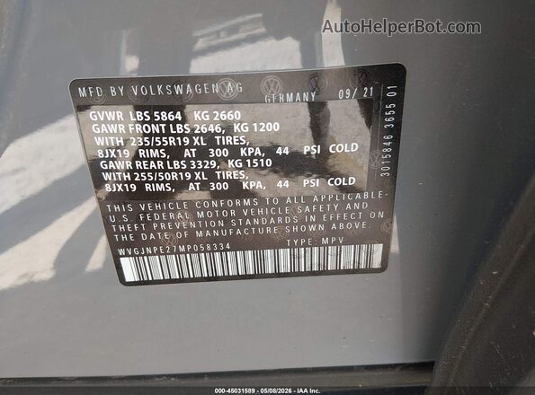 WVGJNPE27MP058334 2021 VOLKSWAGEN ID.4 Gray Vista del compartimento del motor