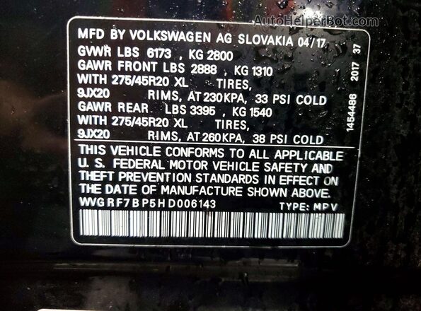 WVGRF7BP5HD006143 2017 VOLKSWAGEN TOUAREG Black Вид наклейки з VIN-кодом