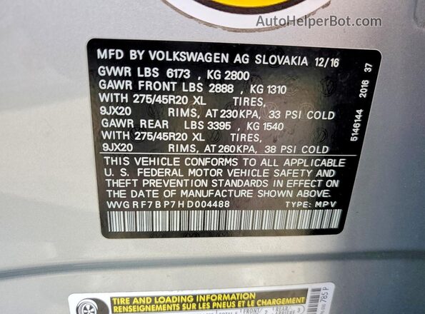 WVGRF7BP7HD004488 2017 VOLKSWAGEN TOUAREG Серебряный Вид наклейки с VIN-кодом