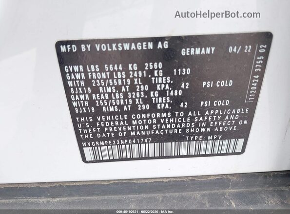 WVGRMPE23NP041747 2022 VOLKSWAGEN ID.4 White Vista del compartimento del motor