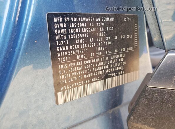 WVGSV7AX5HK018942 2017 VOLKSWAGEN TIGUAN Синий 